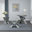 Taffeta V-shaped silver sofa table with tempered glass top front view