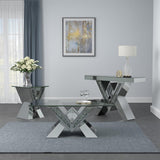 Taffeta V-shaped silver sofa table with tempered glass top front view