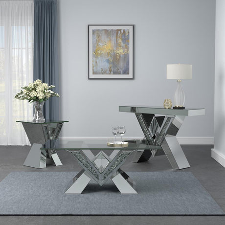 Taffeta V-shaped silver sofa table with tempered glass top front view
