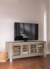 Solano TV stand sliding glass door open showing shelves