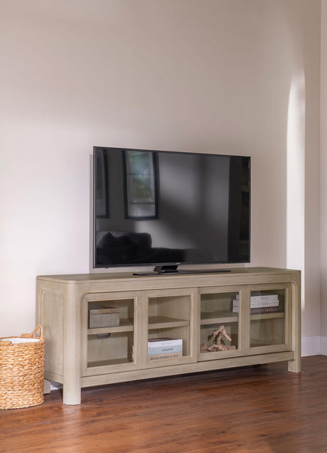 Solano TV stand sliding glass door open showing shelves