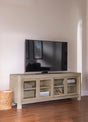 Solano TV stand sliding glass door open showing shelves