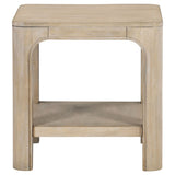 Side view of Solano wood end table highlighting arched legs