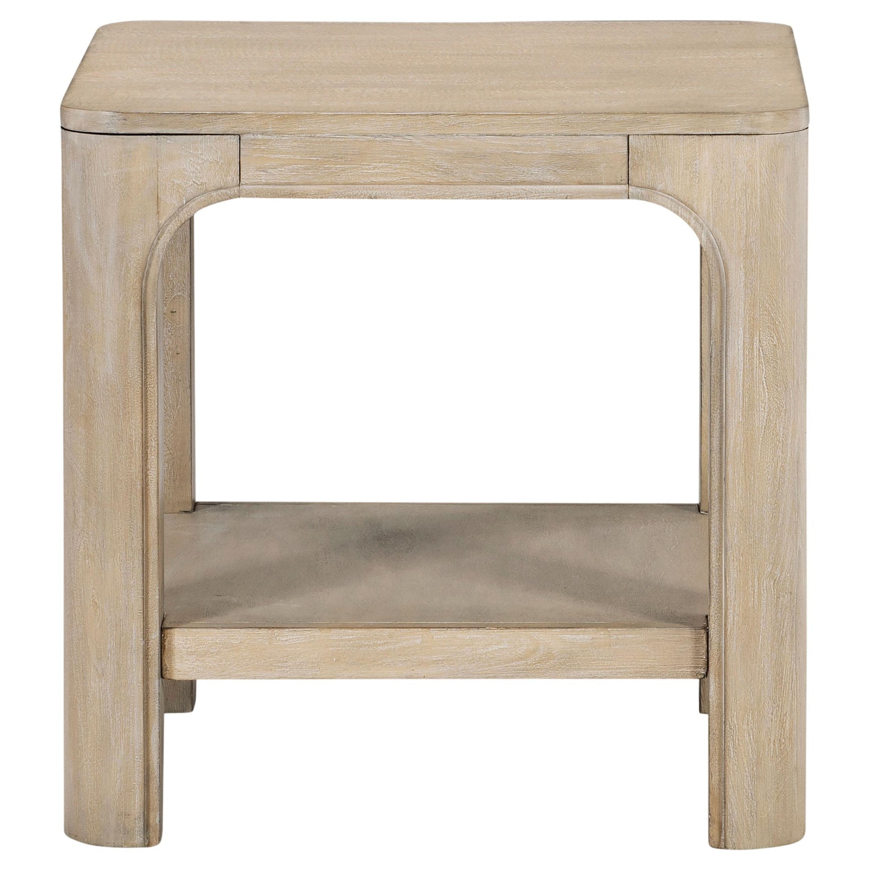 Side view of Solano wood end table highlighting arched legs