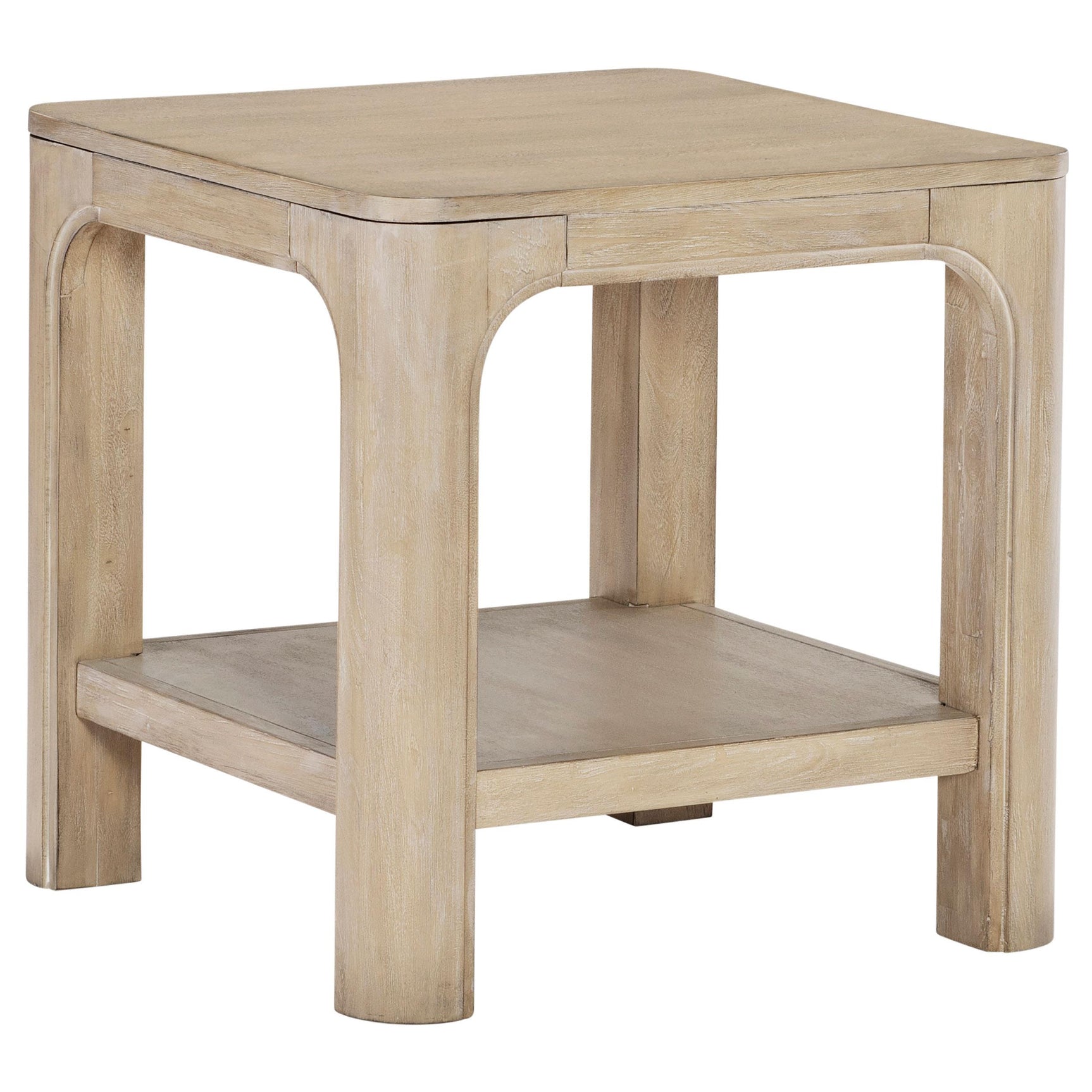 Solano end table front view with open shelves and square edges