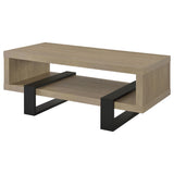 Side angle of Dinard latte coffee table showing storage shelf