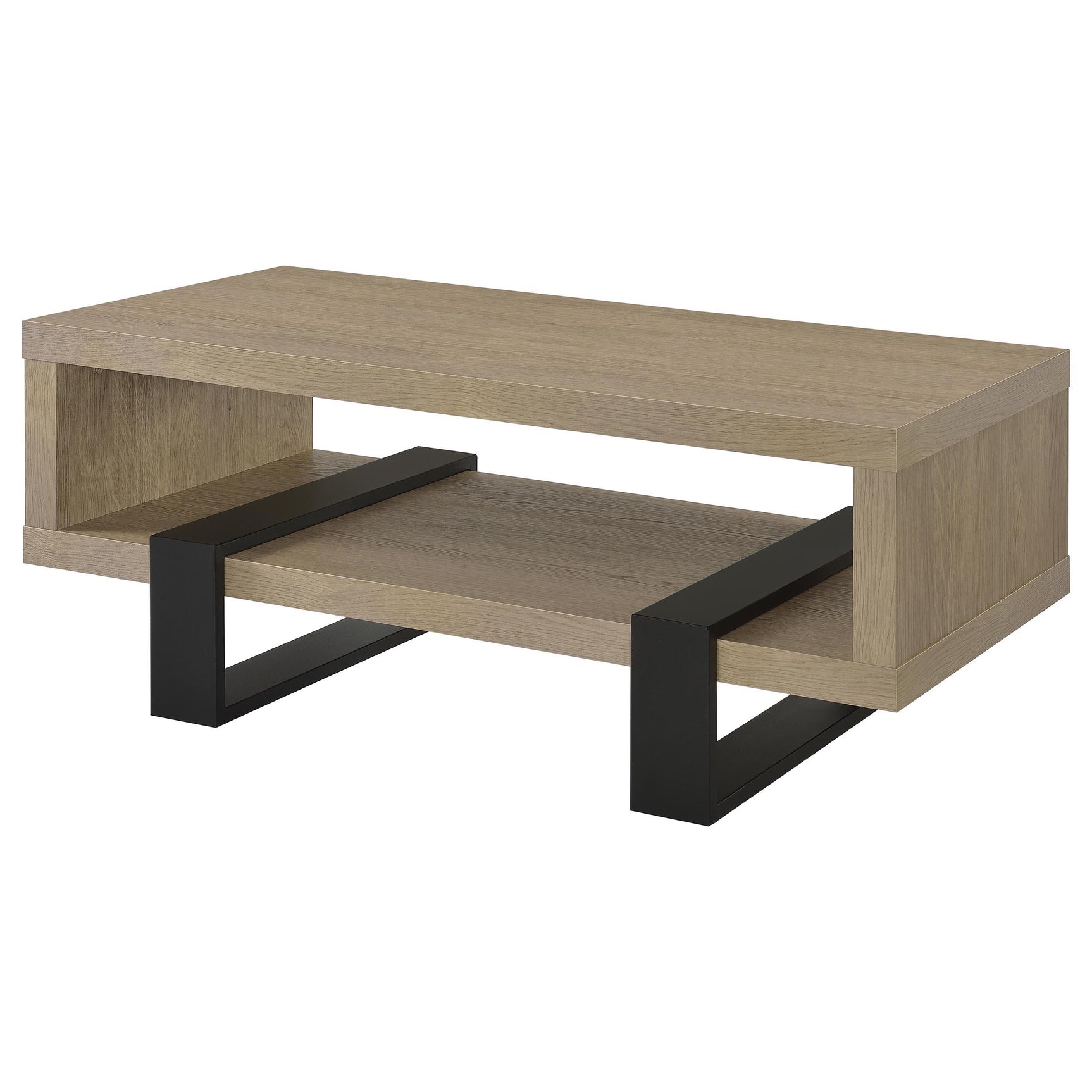 Side angle of Dinard latte coffee table showing storage shelf