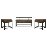 Lift-top coffee table showing raised top, brown oak finish