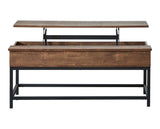 Side view of Byers brown oak coffee table with black metal legs and plastic glides