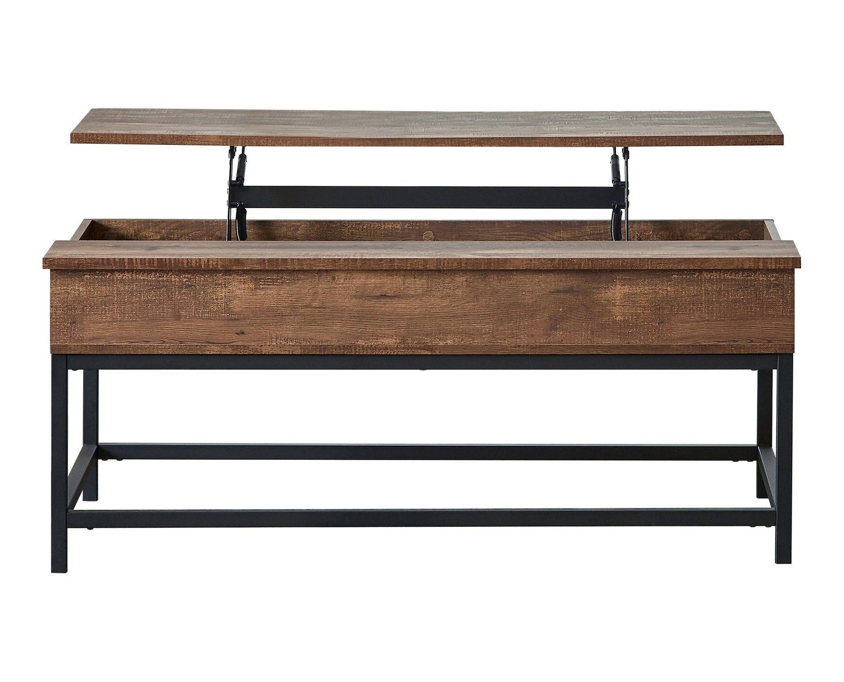 Side view of Byers brown oak coffee table with black metal legs and plastic glides