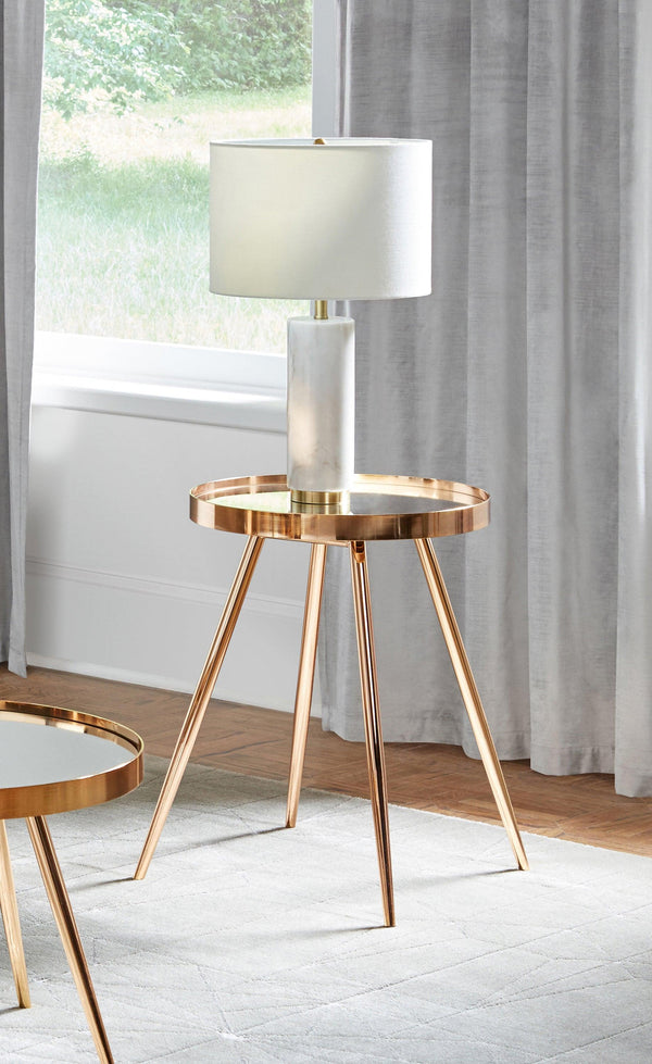 Kaelyn Round Mirror Top End Table Gold close-up on tabletop