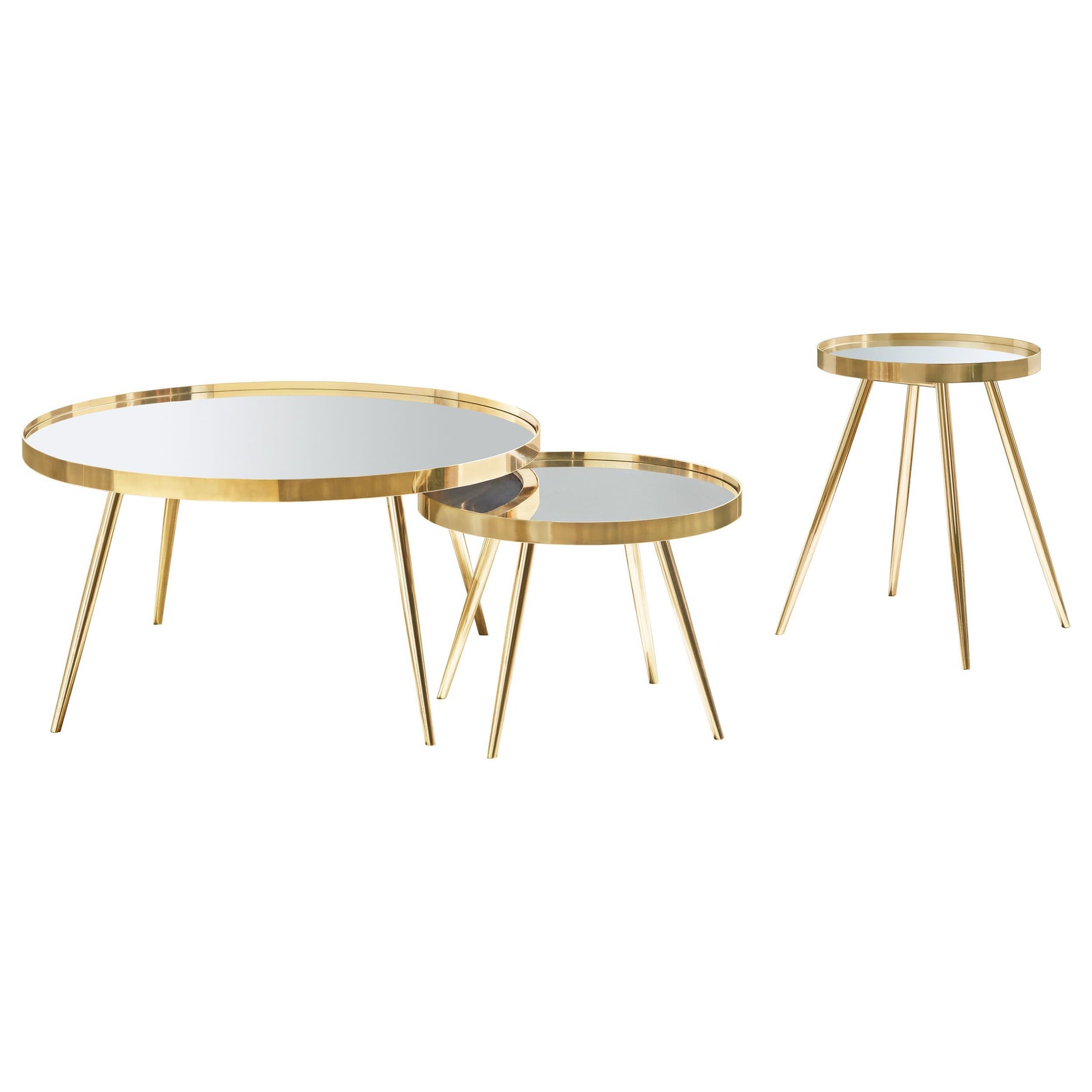 Small nesting table in gold frame under coffee table