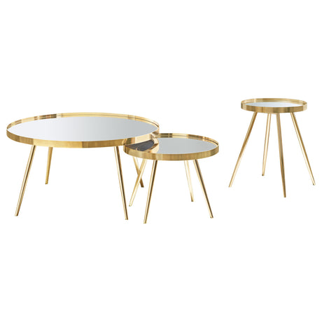 Small nesting table in gold frame under coffee table