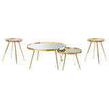 Large round coffee table with recessed mirrored top and raised edge profile