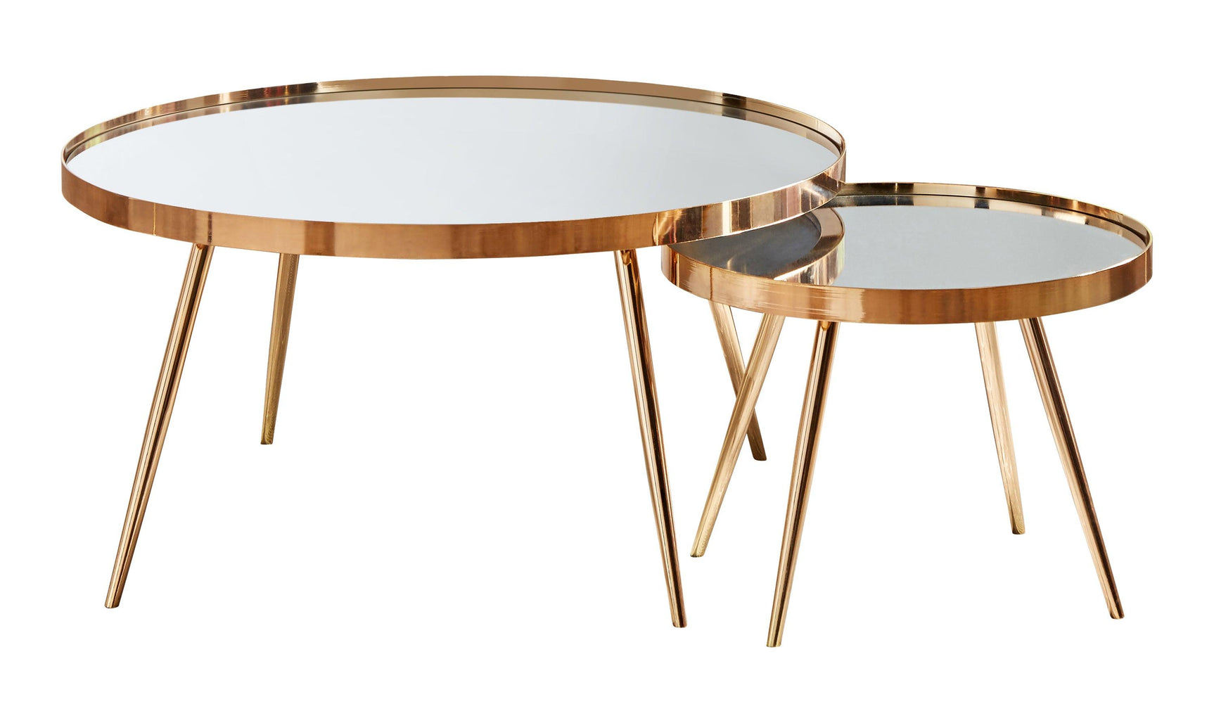 Set of two round nesting tables with mirror tops and gold legs