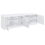 Rear view of TV stand with cord management openings