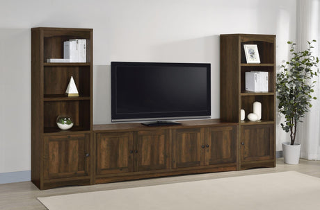Laughlin media tower with open shelving and cabinet door