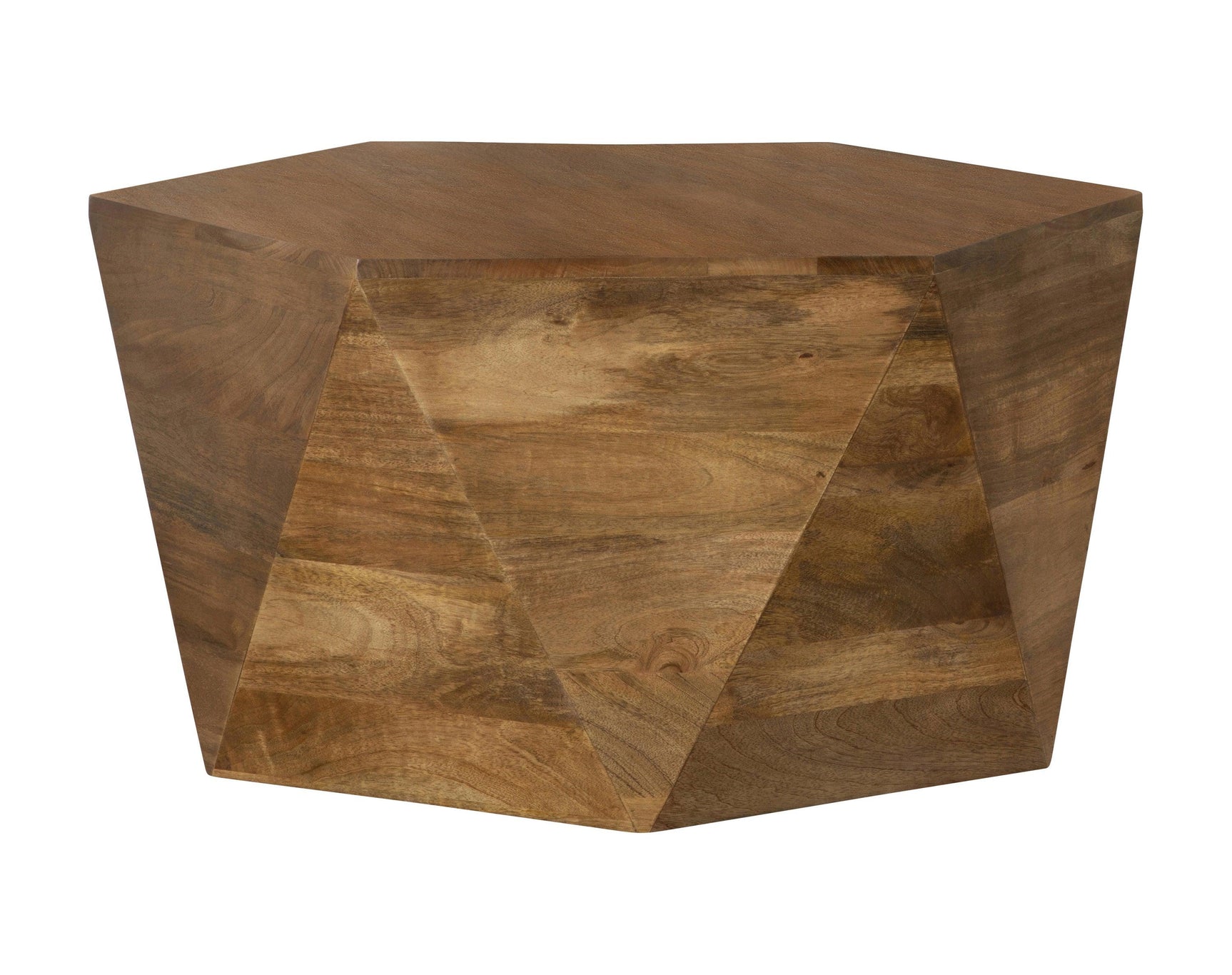 Zalika hexagonal coffee table close-up showing wood grain and storage shelf