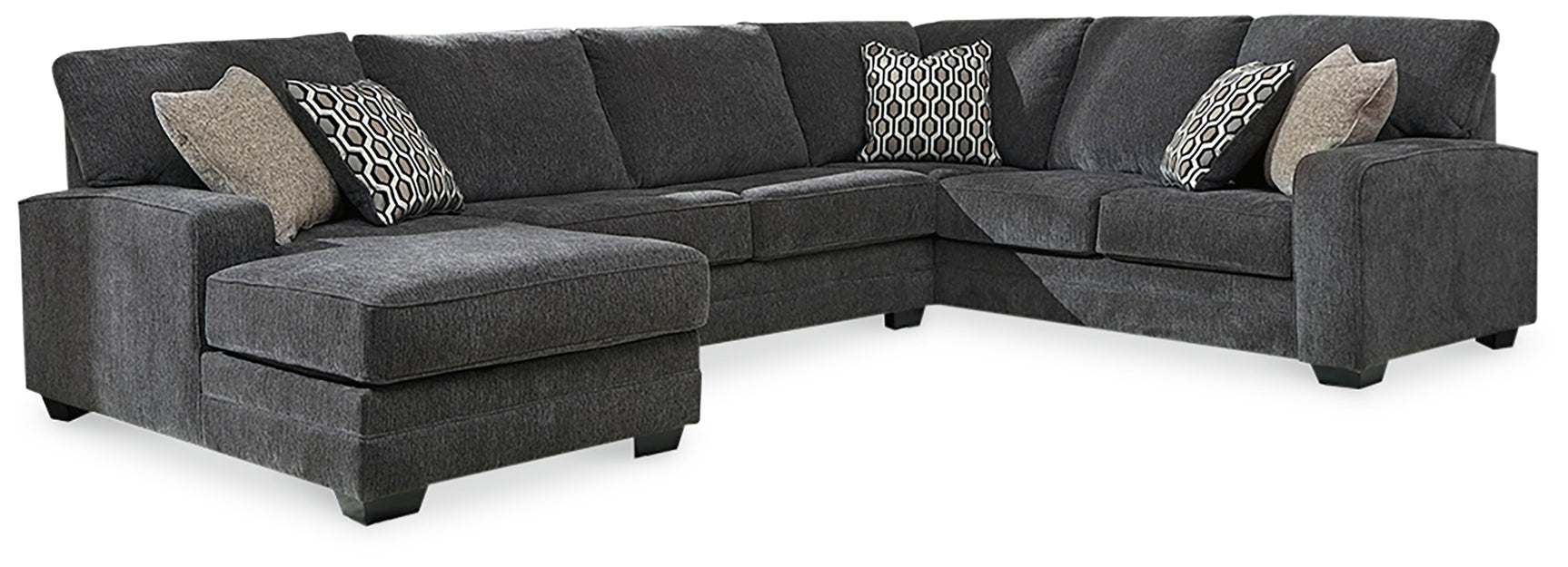 Side view of Tracling Slate chenille sectional with chaise