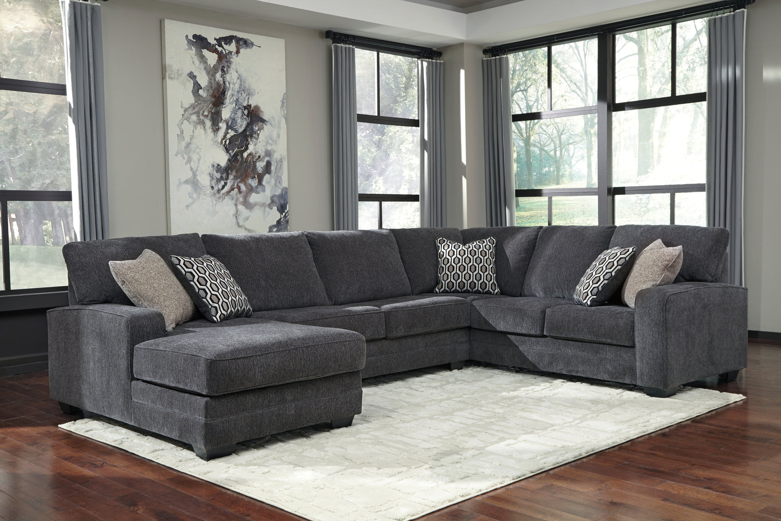 main view of Tracling Slate Chenille 3-Piece Sectional with Chaise sectional sofa