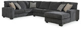 Living room view with Tracling Slate chenille sectional and chaise