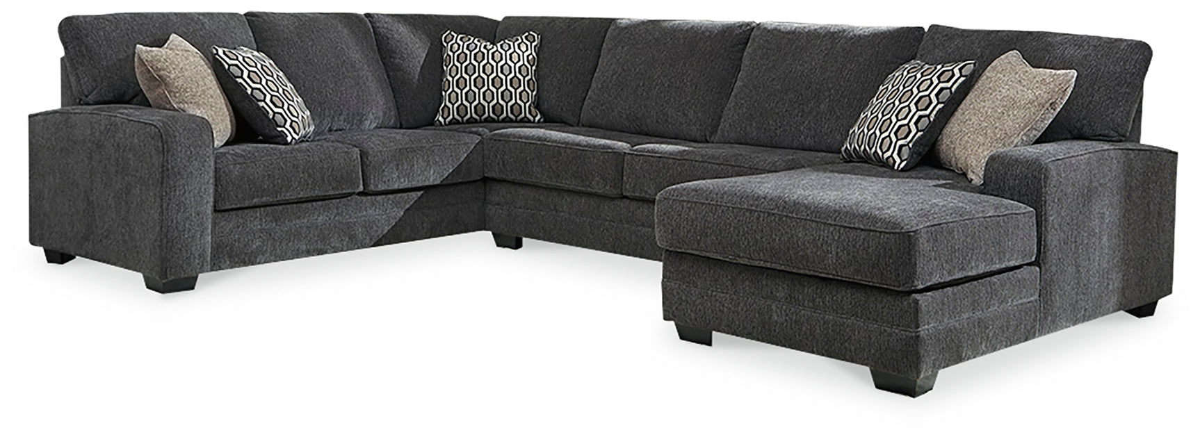 Living room view with Tracling Slate chenille sectional and chaise
