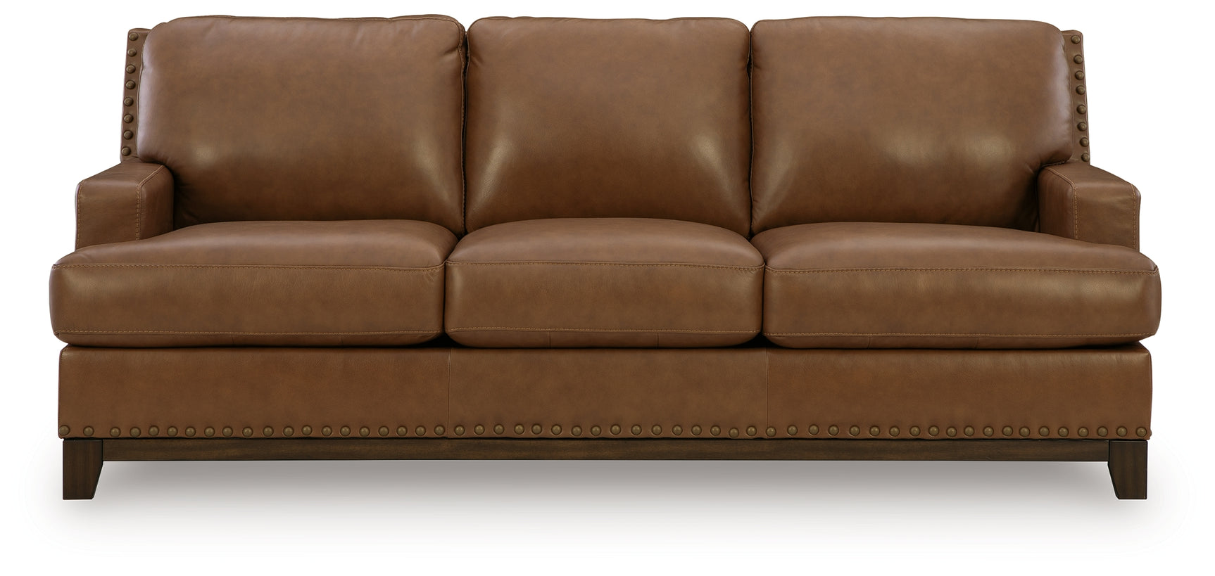 Close-up of Saonara sofa jumbo stitching and leather upholstery