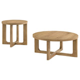 Close-up of Kessler table's knotty oak veneer top