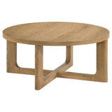 Kessler round wood coffee table set light oak, shown with coffee and end table