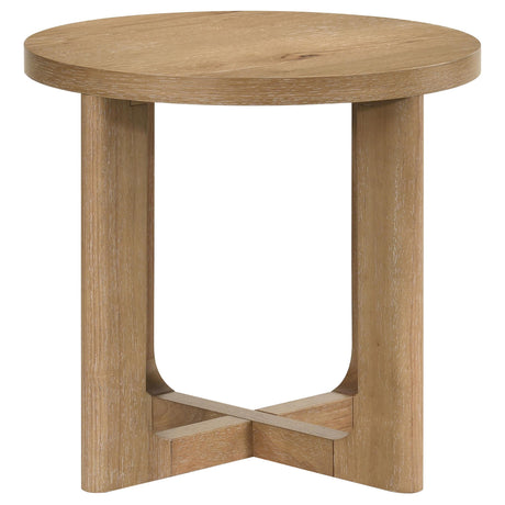Side angle of Kessler round coffee table with square edge top