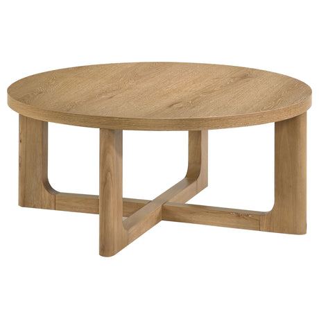 Top view of round coffee table surface with natural wood grain
