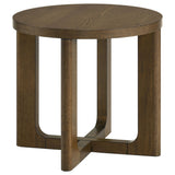 Side angle showing intersecting curved open bases of Kessler coffee table