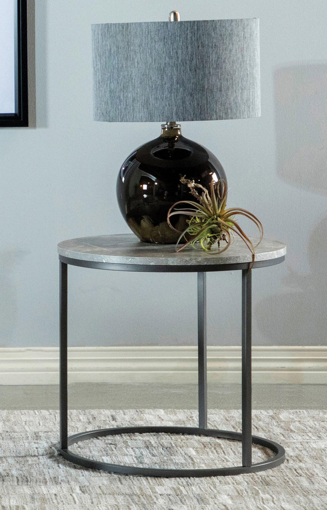 Lainey grey faux marble end table gunmetal base close-up