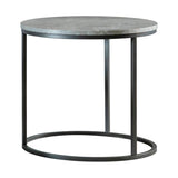 Lainey round end table with grey faux marble top and gunmetal legs