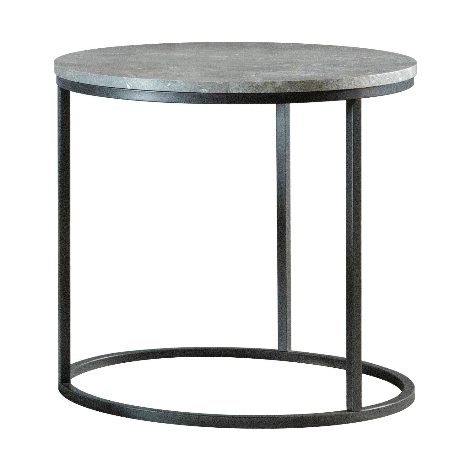 Lainey round end table with grey faux marble top and gunmetal legs