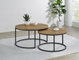 Close-up of mango round tabletop with metal base