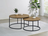 Close-up of mango round tabletop with metal base