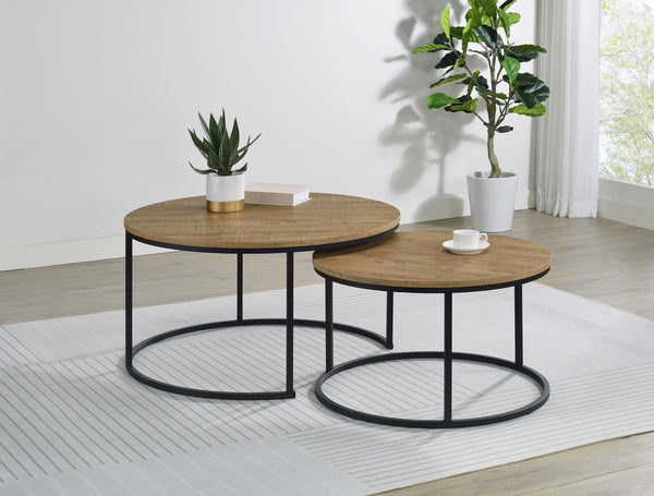 Close-up of mango round tabletop with metal base