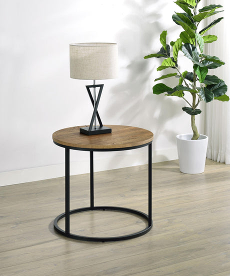 Side angle of Lainey round occasional side table with metal base