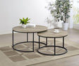 Small round nesting coffee table with metal base and distressed pine top