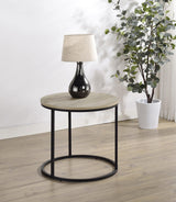 Distressed pine tabletop surface of Lainey side table