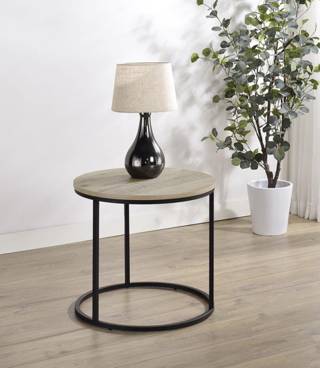 Distressed pine tabletop surface of Lainey side table