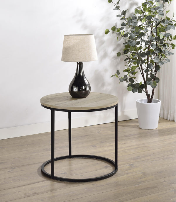 Distressed pine tabletop surface of Lainey side table