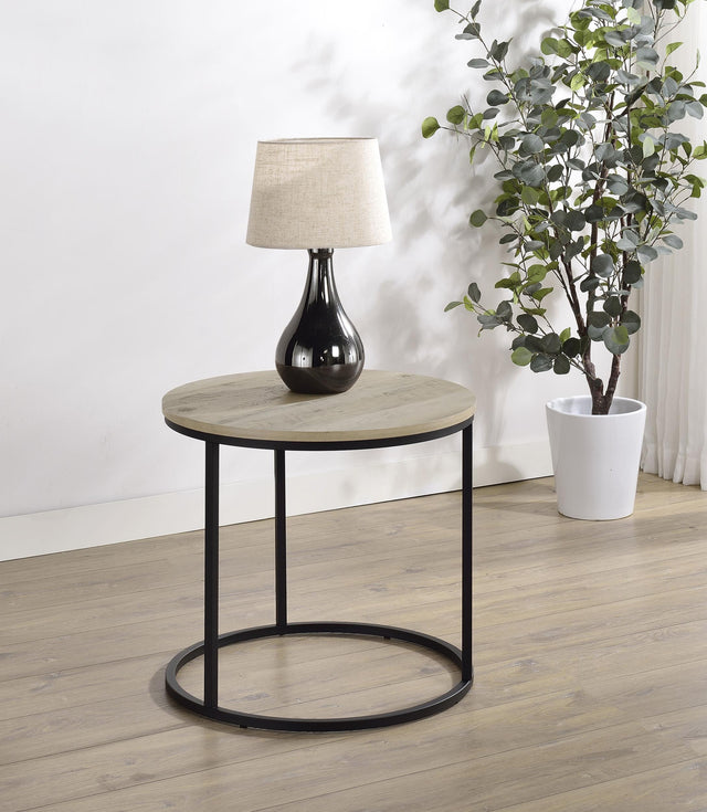 Distressed pine tabletop surface of Lainey side table