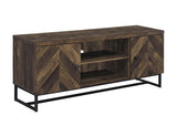 Myles 2-Door TV Console rustic oak herringbone side view showing metal legs