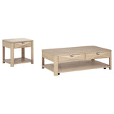 Marcelo end table with drawer and open shelf, light elm finish, side angle