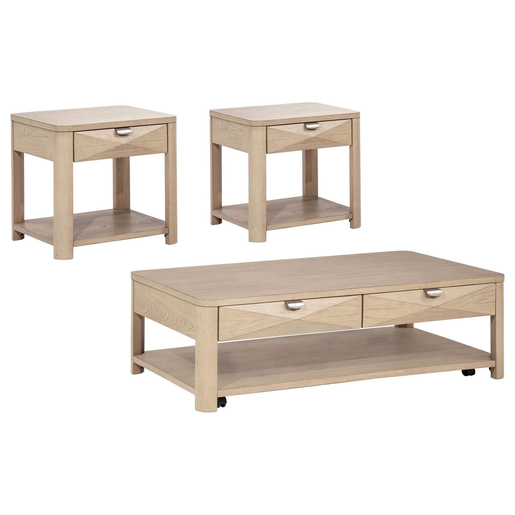 Marcelo coffee table showing faceted drawer fronts and casters
