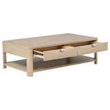 Side angle of Marcelo Coffee Table with visible casters and lower shelf