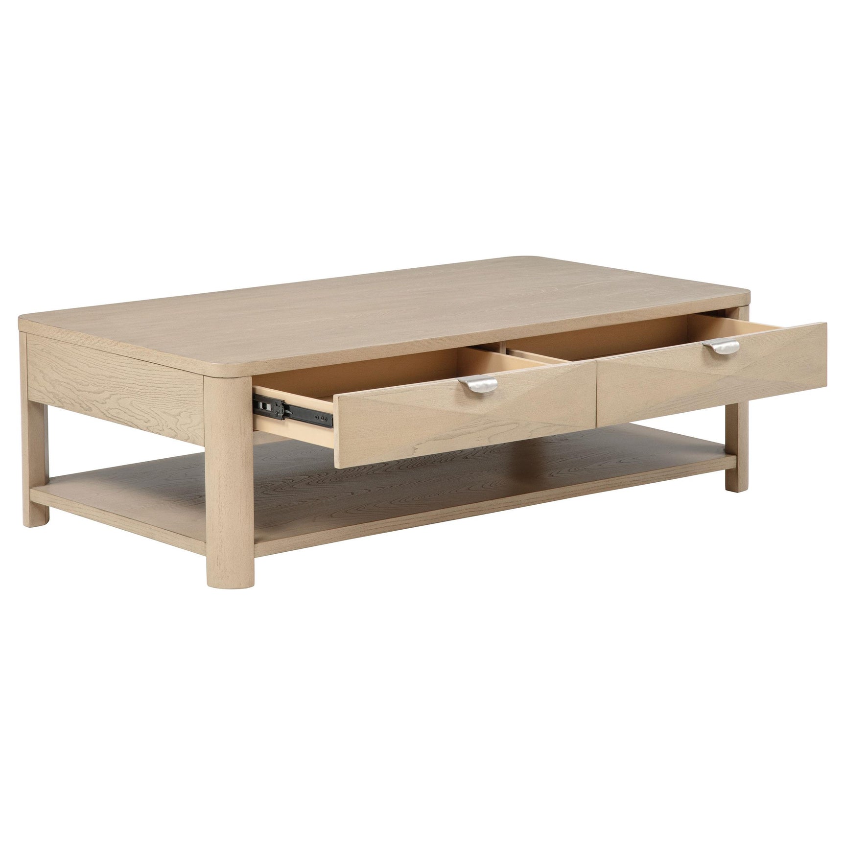 Side angle of Marcelo Coffee Table with visible casters and lower shelf