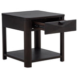 Side angle of Marcelo wood end table highlighting faceted drawer front